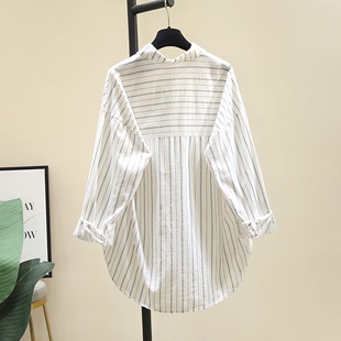 中长款棉麻条纹白衬衫女外套，2024年春季韩版宽松休闲衬衣上衣