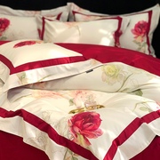玫瑰红色结婚庆四件套120支全棉纯棉被套，床单婚房床上用品4件套