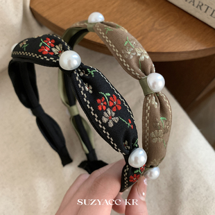 suzyacckr森系珍珠，复古刺绣花朵发箍女2024小众，设计感头箍