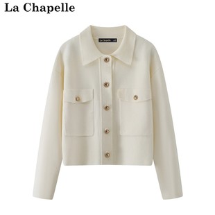 拉夏贝尔/La Chapelle冬款翻领小香风针织开衫女毛外套纯色打底衫