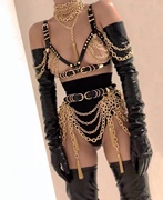 性感女歌手朋克皮革铆钉链条流苏吊坠身体链来图定制舞台装