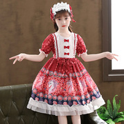 童甜美洋装表演女印花短袖雪纺蝴蝶结，裙子红色公主裙100%连衣裙