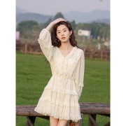 小个子法式雪纺连衣裙女2023春秋，长袖a字蛋糕，裙初恋仙女裙子