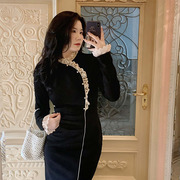 ML茉乐大码微胖2023冬季蕾丝连衣裙新中式改良旗袍修身小黑裙