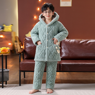 儿童睡衣冬季法兰绒加绒加厚套装学院风，保暖三层夹棉珊瑚绒家居服