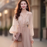 春夏粉色雪纺连衣裙气质名媛，高端女神范高级(范高级)感今年流行两件套装裙