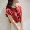 雪纺衬衫女设计感小众2024夏季红色短袖衬衣韩版气质翻领上衣