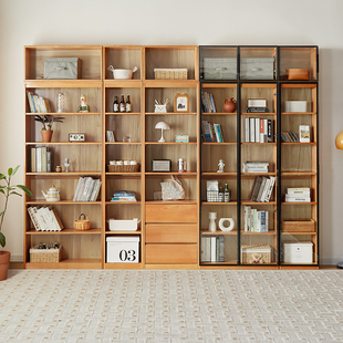 实木书柜一体整墙自由组合格子，柜防尘玻璃门客厅展示柜简约杂志柜