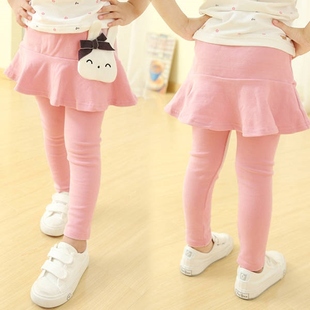 95%棉5%氨纶春装韩版女童，螺纹假两件裙裤，2-7岁中小童裤子