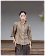 中式复古立领棉麻做旧炒色大地黄，七分收口袖外套上衣w072