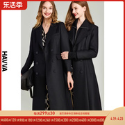 havva2024春季黑色风衣女，气质高端女装中长款西装外套f2931