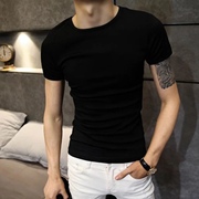 纯棉短袖男士修身T恤圆领纯色体恤打底衫半袖纯黑白色社会小伙男