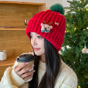 红色圣诞毛线帽子女秋冬季韩版百搭可爱小鹿显脸小大头围针织保暖