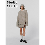 studio1till8|燕麦奶咖温暖宽松斜纹毛衣，高腰半裙贝雷帽针织套装