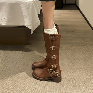稻傲复古棕色长筒靴骑士靴女靴子，2023秋季洋气，长靴西部牛仔靴