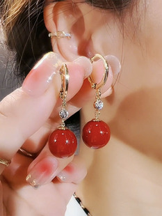 法式复古红豆珍珠耳环女高级感耳扣精致百搭耳坠网红轻奢气质耳饰