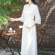2023夏季时尚气质民族风中式唐装连衣裙白色超仙修身显瘦长裙
