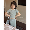 韩国夏装女童小香风短袖t恤上衣，+a字半身，短裙=时髦蕾丝边两件套装