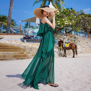 海边度假裙吊带连衣裙雪纺，沙滩裙女夏超仙绿色荷叶边露肩三亚长裙