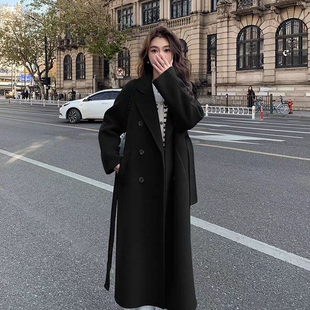 黑色毛呢大衣韩系显瘦小个子气质，中长款高级感小众加厚西装外套女