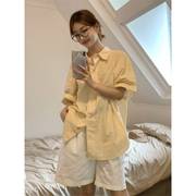 日系黄色polo领竖条纹衬衫，女夏季短袖衬衣外套，薄款中长款外搭上衣