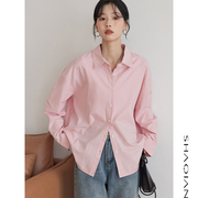 纯棉粉色衬衫女长袖2024年春季韩版宽松简约纯色内搭打底衬衣