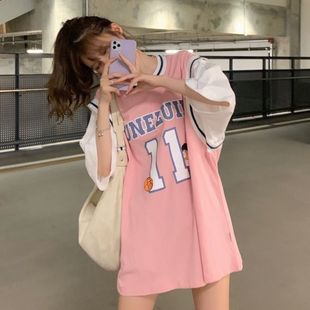 篮球服女假两件t恤女生球衣背心，女童篮球衣女款短袖韩版粉色上衣