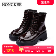 Hongkee/红科短靴女厚底粗跟时尚女靴2023冬亮面靴子HA53S404