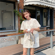 白色蕾丝连衣裙秋季宽松直筒法式质感高级感网纱裙短裙两件套