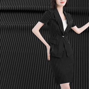 韩国网纹垂感抗皱黑色织细条纹布料西装阔腿裤连衣裙职业服装面料