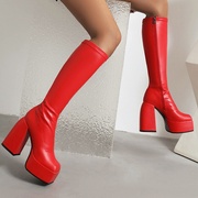 白色红色靴子欧美性感粗跟高跟高筒靴女走秀表演皮靴大码女靴 JYZ