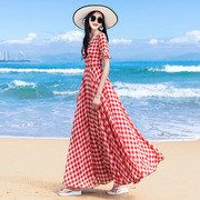 拖地连衣裙超长2024夏雪纺红色大摆显瘦长裙旅游度假沙滩裙女