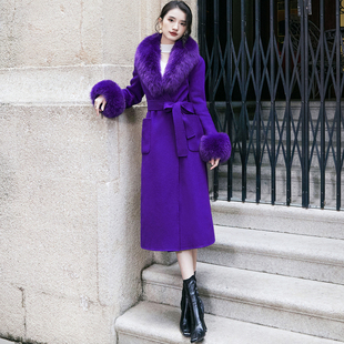 高贵紫色西装领双面羊绒，大衣女中长款真狐狸毛领直筒复古毛呢外套