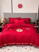简约中式婚庆四件套大红色床单被套全棉纯棉高档结婚床上用品床笠