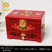 中国古风结婚陪嫁红色首饰盒带锁黄金收纳盒木质梳妆盒带镜子新百