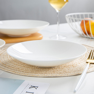 景德镇骨瓷纯白陶瓷菜盘创意，家用餐具简约中式菜碟圆形碟子深盘子