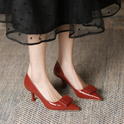 酒红色高跟鞋女2024年细跟尖头设计感小众性感气质蝴蝶结单鞋