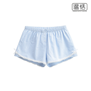 美式复古蓝白条纹蕾丝花边蝴蝶结设计阔腿裤休闲居家短裤