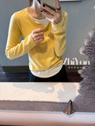 智研韩国冬季黄色拼白假两件设计圆领，弹力纯棉柔软长袖合身t恤