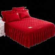 红色结婚庆床裙式单件加厚夹棉韩式风床套防滑床单床罩枕套三件套