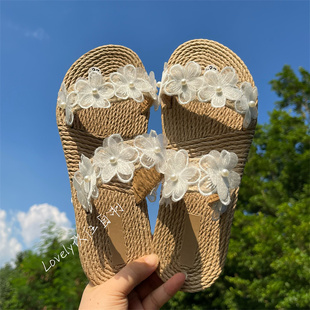 蕾丝花朵vintage沙滩度假拖鞋百搭时尚，手工拖鞋显白轻便厚底鞋