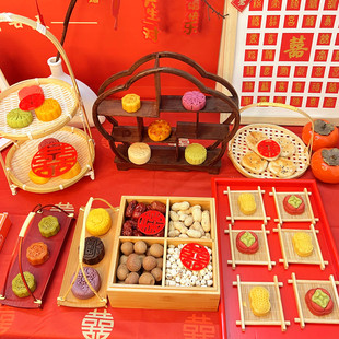竹制订婚零食果盘提手木质四宫格干果盒创意结婚糖果坚果收纳盒