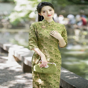 新中式秋装旗袍禅意风改良国风复古绿色七分袖旗袍连衣裙高端