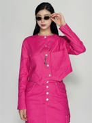 bw2024春季短外套，中长款包臀半身裙，两件套时尚套装女玫红色