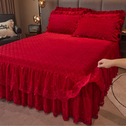 结婚红色牛奶绒床裙，单件防滑加厚床裙式床罩床围裙罩床垫保护套