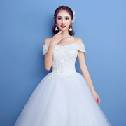 婚纱2024年春一字肩，韩式修身大码新娘连衣礼服齐地蓬蓬裙简约