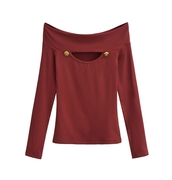纯欲气质辣妹镂空长袖t恤红色设计小众春季性感一字肩打底衫上衣