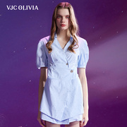 vjcolivia2024夏季v领蓝条休闲衬衫裙，褶皱泡泡短袖连衣裙通勤女