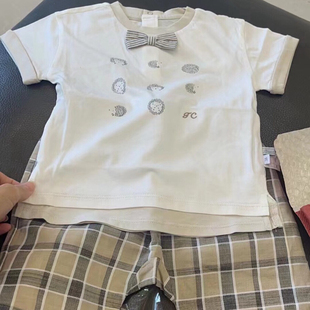 韩国童装24夏儿童(夏儿童)宝休闲洋气卡通印花圆领短袖t恤格纹短裤套装