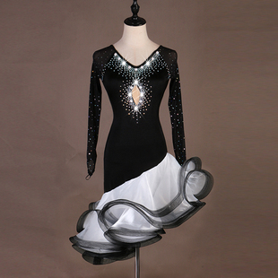 珍珠镶钻拉丁舞连衣裙，演出比赛服广场舞，三步踩伦巴恰恰舞裙